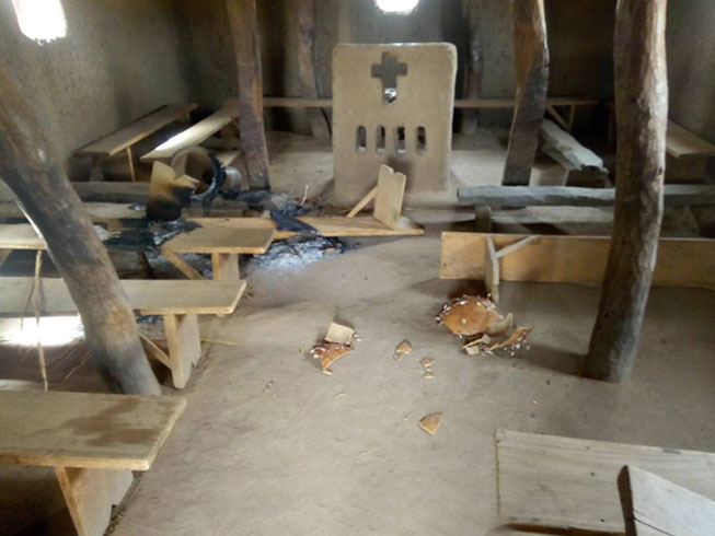 A church building interior in a mainly-Christian village that was fire damaged in a jihadi attack in July 2019